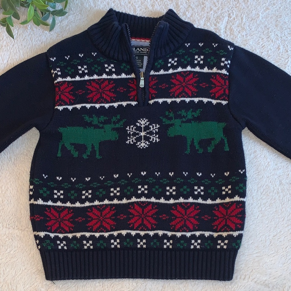E-Land Navy Blue Holiday Sweater EUC 5 Moose Snowflakes